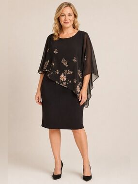 Hanna Nikole 2XL Black Floral Overlay Cape Dress Plus Size Sheath Chiffon
